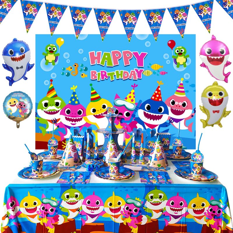 Suministros de fiesta de tiburón azul para niños, vasos de papel con temática de dibujos animados, cumpleaños, Océano, fiesta, navidad, 147 piezas