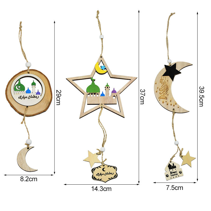 Adorno colgante de madera Eid Mubarak, luna y estrella, decoración de Ramadán, Kareem para el hogar, Ramadán, Mubarak, suministros musulmanes para fiesta