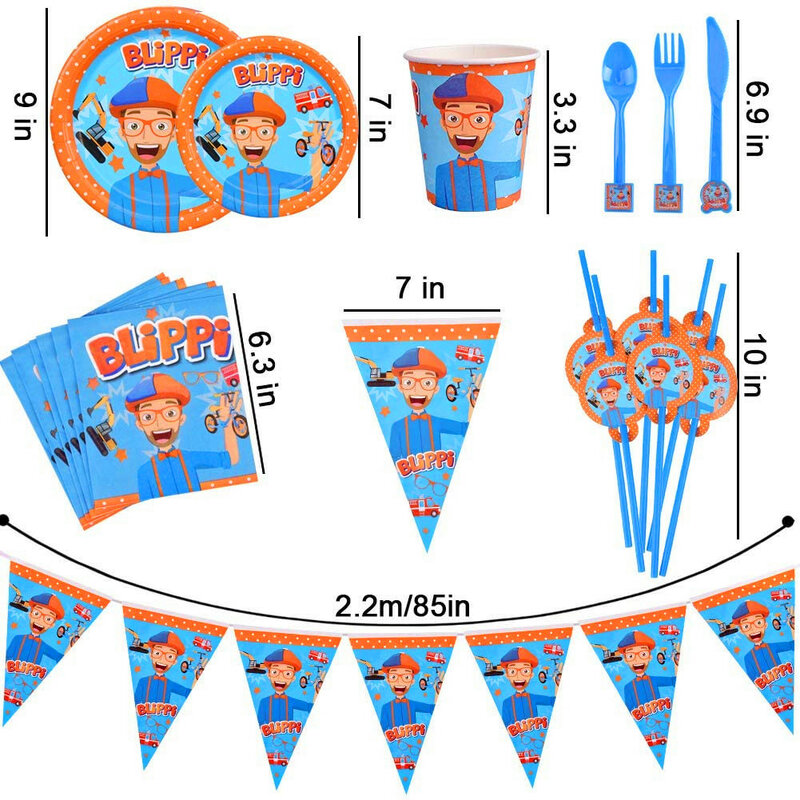 Blippiing 생일 파티 장식 컵 접시 식탁보 케이크 토퍼, 풍선 일회용 파티 식기 베이비 샤워 용품