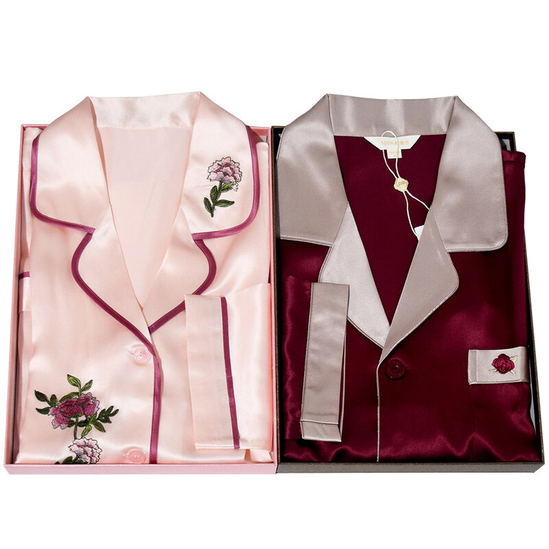 Новый Шелковый Пижамный костюм для мужчин и женщин, домашняя одежда для влюбленных с красной вышивкой и цветами 19 мм, пижамный комплект из шелка тутового шелкопряда