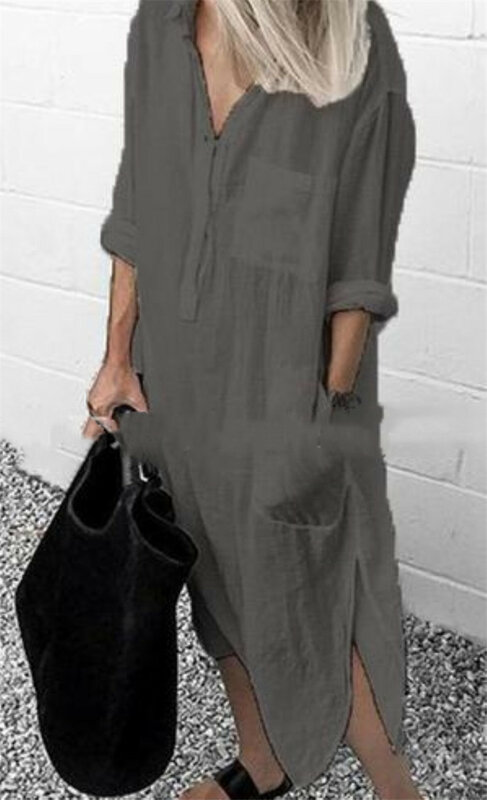 2022 여름과 가을 우아한 폭발 스타일 느슨한 편안한 코튼 솔리드 컬러 슬릿 간단한 Buttoned 긴 드레스 여성