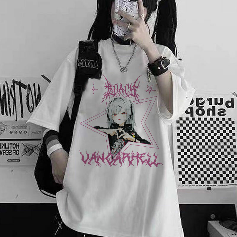 T Shirt Harajuku Atasan Leher-o Lengan Pendek Kartun Gotik Estetika Pria Baju Jalan Ukuran Besar Musim Panas Dropshipping Wanita