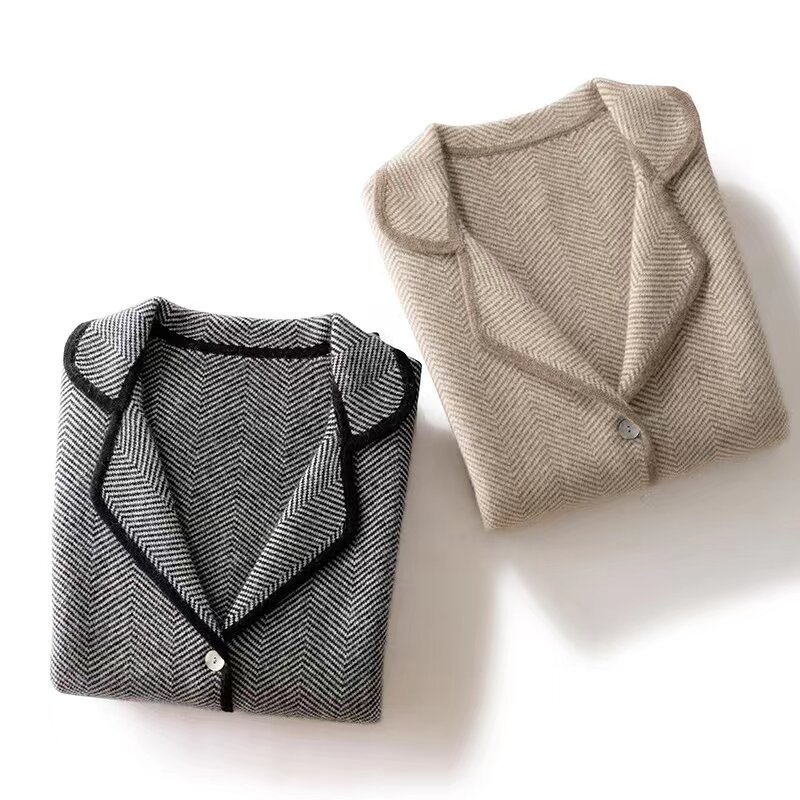 100% Cashmere Wool Sweater Cardigan New Autumn And Winter Herringbone Pattern Suit Collar Sweater Coat Casual Loose Knitted Coat