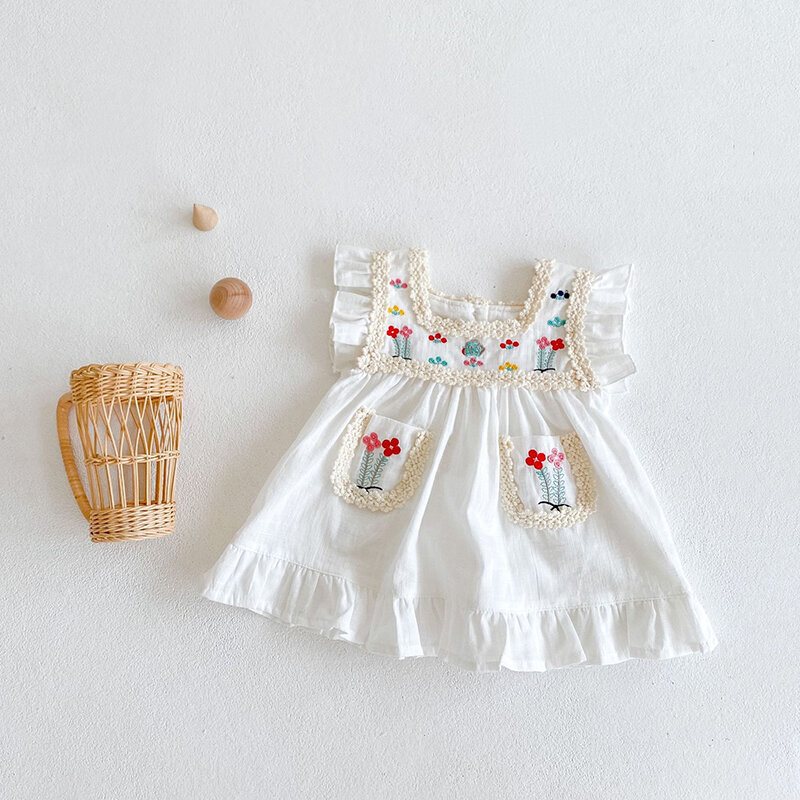 Thêu Cho Bé Mùa Hè Trắng Cotton Công Chúa Đầm Chữ A Bé Gái Váy Đầm Cho Sinh Nhật Cách Mặc Quần Áo Cho Trẻ Sơ Sinh 0-3Y