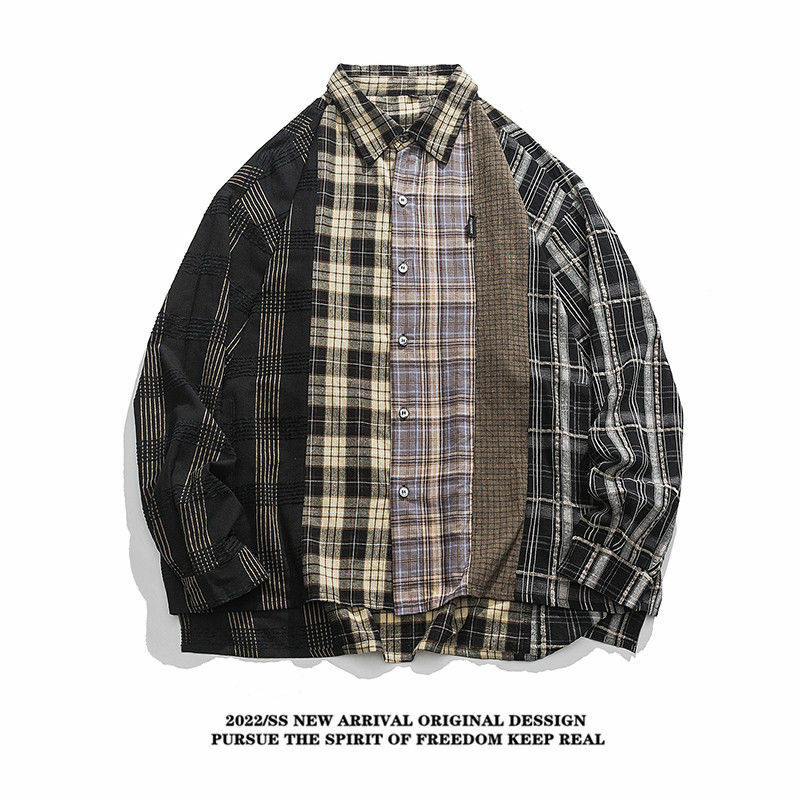 American retro stitching plaid shirt men's long-sleeved designer niche fashion brand loose and lazy style shirt