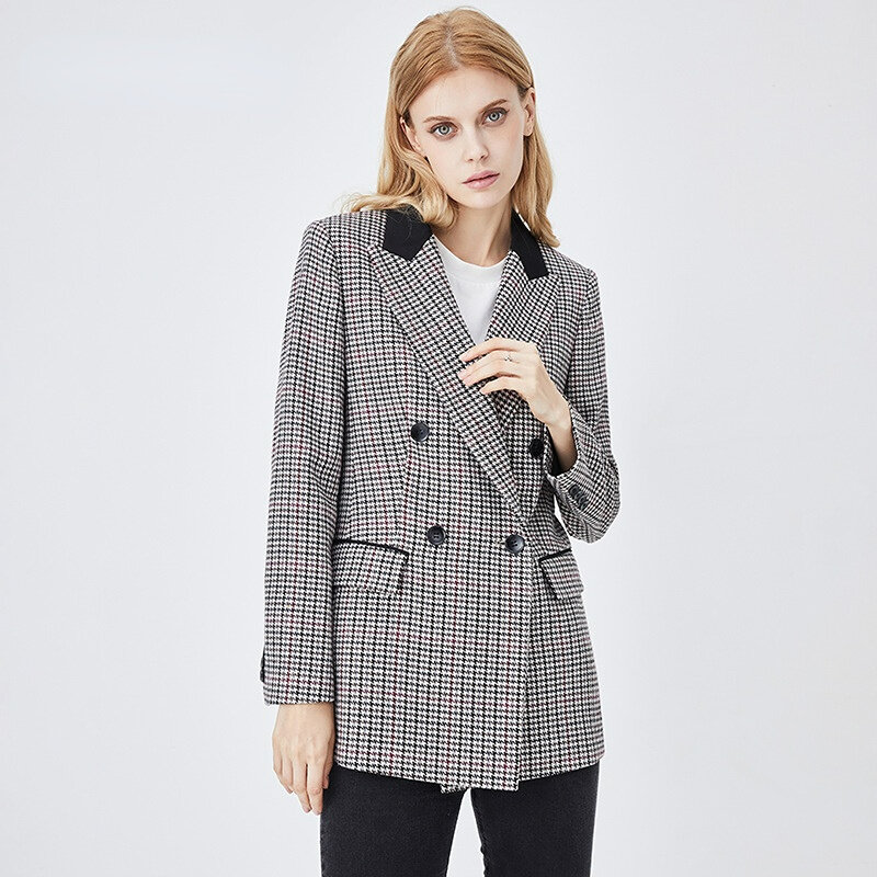 Женский Осенний клетчатый пиджак в стиле ретро, модное Шерстяное приталенное пальто, повседневный деловой Блейзер, офисные женские Пиджаки