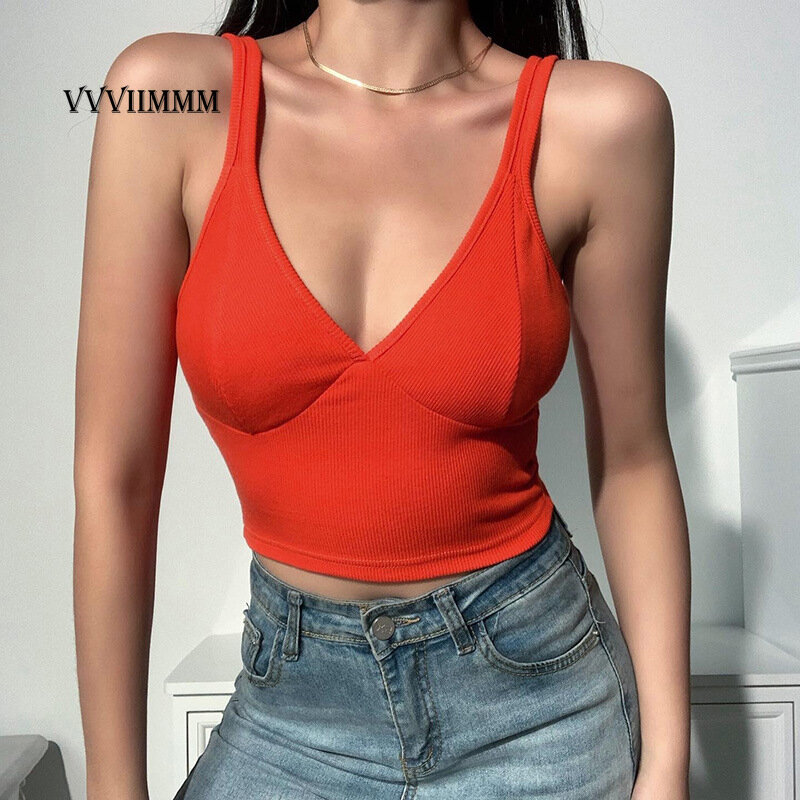 Traf 2022 Summer Women's New Sexy Vest Women's Knitting Solid Color Sexy V-neck Sling Woman Y2k Clothes Corset TopTopsYogaSolid