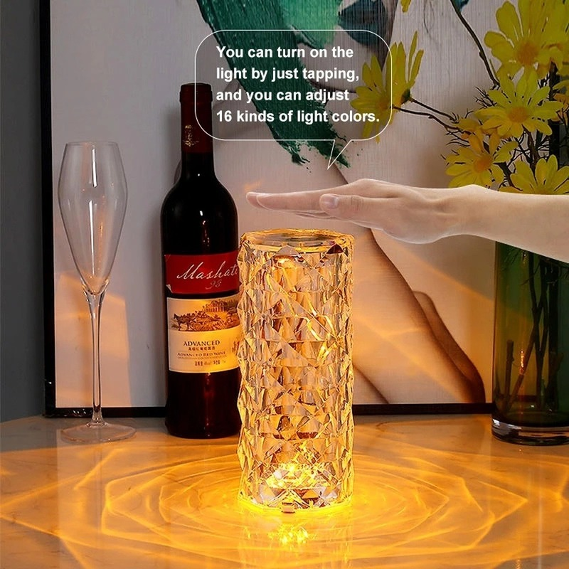 16 Colors Crystal Table Lamp Rose Light Romantic Diamond Atmosphere Light USB Touch Night Light for Bedroom Desk Party Decor