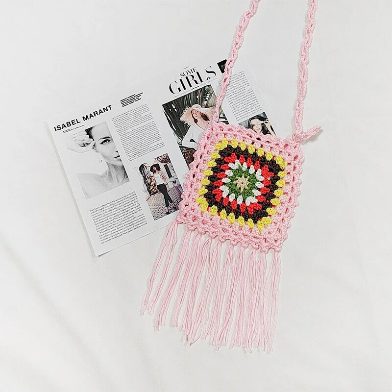 Bolso cruzado con borla de flores para mujer, hecha a mano bandolera de ganchillo, Mini bolso cuadrado con solapa para teléfono y monedero