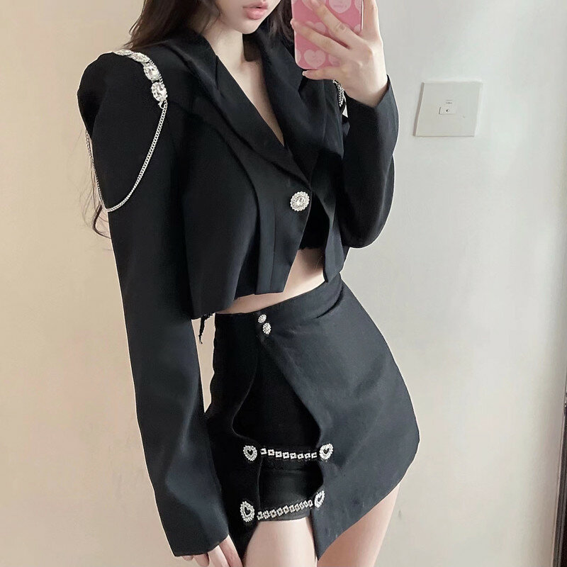 Temperament Elegant Women's Diamond Patchwork Long Sleeve Short Blazer Coat Female 2022 Autumn Fashion Black Lady Outwear