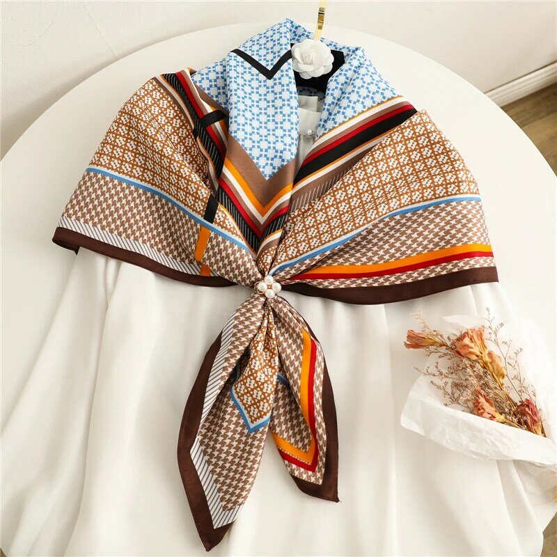 Bufanda cuadrada de sarga de seda para mujer, pañuelo musulmán de marca de lujo, pañuelo a cuadros, Fular femenino