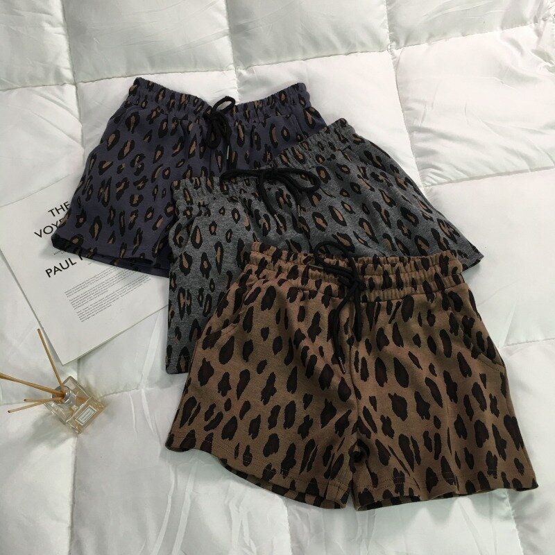 460leopard print shorts calças casuais feminino exterior wear coreano primavera e verão solto cintura alta emagrecimento elástico calças largas