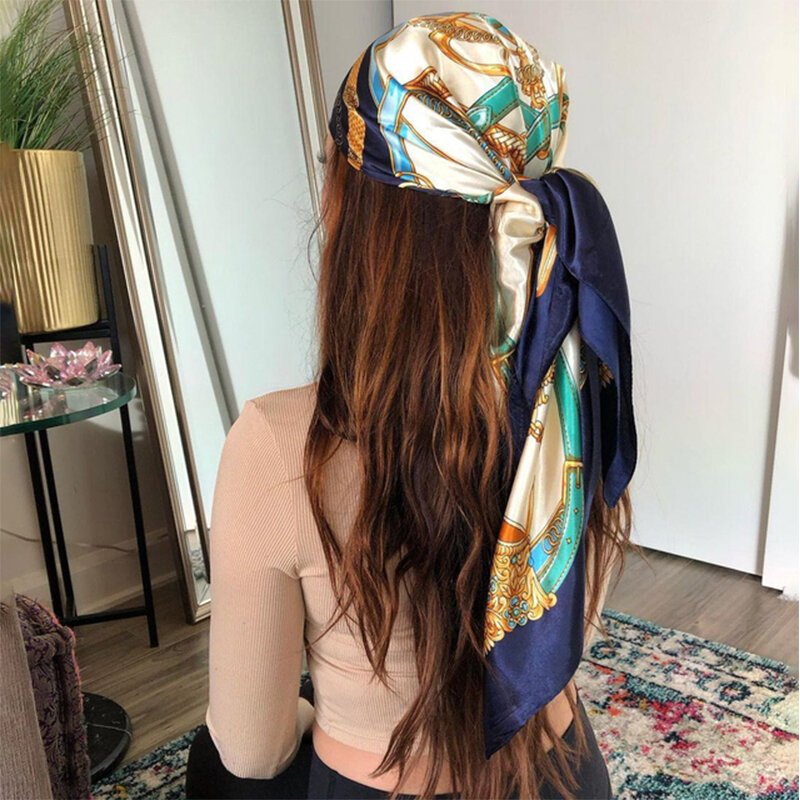 Fashion Design Headband Silk Scarf Women Luxury Brand 90cm Satin Square Scarves Bandana Muslim Hijab Wrap Shawl Foulard Muffler
