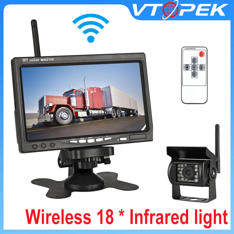 Kamera Tampilan Belakang Truk Nirkabel 18 Lampu Inframerah Penglihatan Malam untuk Truk RV 7 Inci Monitor Mobil dengan Sistem Gambar Terbalik 12-24V
