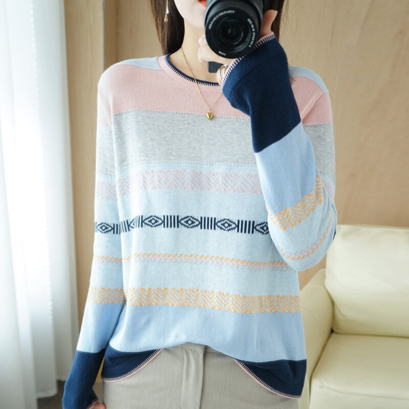 2022 Spring Autumn New Cotton Knitted Sweater Women's Round Neck Color-Block Striped Long-Sleeved All-Match Bottoming Pullover