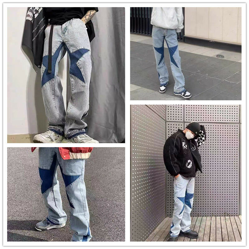 Nova perna larga moda trabalho jeans em linha reta mid rise men jean perna larga cor sólida hip hop calças de brim streetwear calças femininas