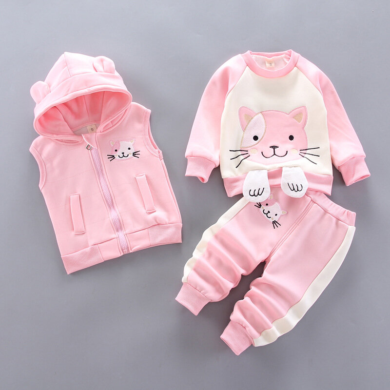 Baby Boy Clothes Autumn and Winter Pure Cotton Thick Warm Casual Hooded Sweater Cartoon Cute Bear Three-Piece Baby Girl Suit