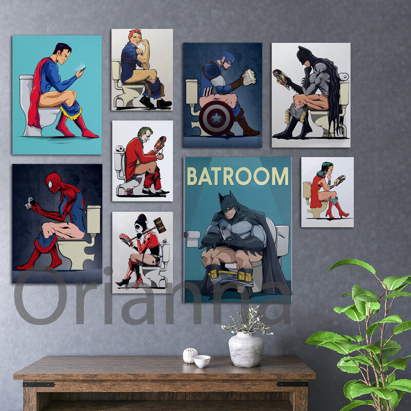 Arte de pared con impresión en Hd, pintura en lienzo de Capitán América, Joker, Spider Man, Superman, Batman en el inodoro, imagen de decoración del hogar, póster divertido