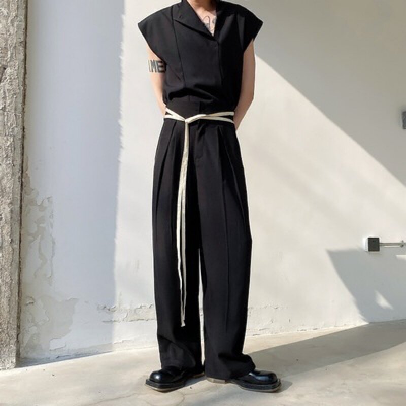 Pantaloni da uomo originali cintura gotica nera Design fondo dritto sociale pantaloni larghi Casual da uomo giovanile Yuppie pantaloni Hip Hop giapponesi
