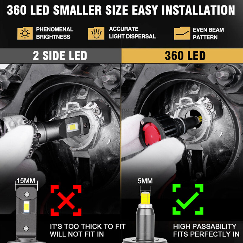 Bombilla LED para faro delantero de coche, lámpara antiniebla para motocicleta, H7, 360 grados, H1, H11, HB3, HB4, 9012, HIR2, Bi, H8, H9, 9005, 9006, 400W, 160000LM