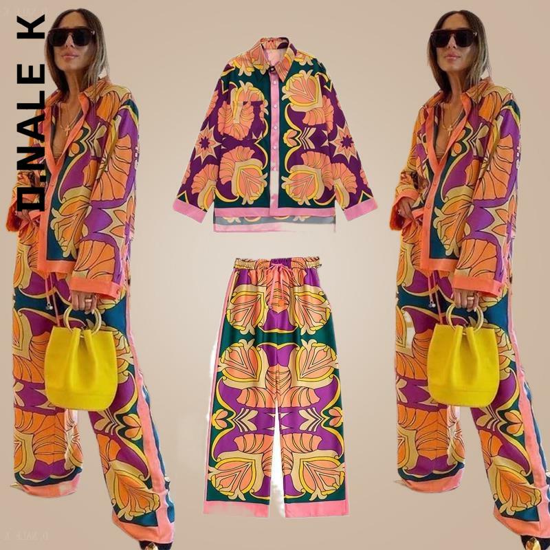 D.Nale K 2022 New Elastic Waist Straight 2 Piece set Suit New Fashion Print Elegant Women's Suit Casual Chic Youth Vacation