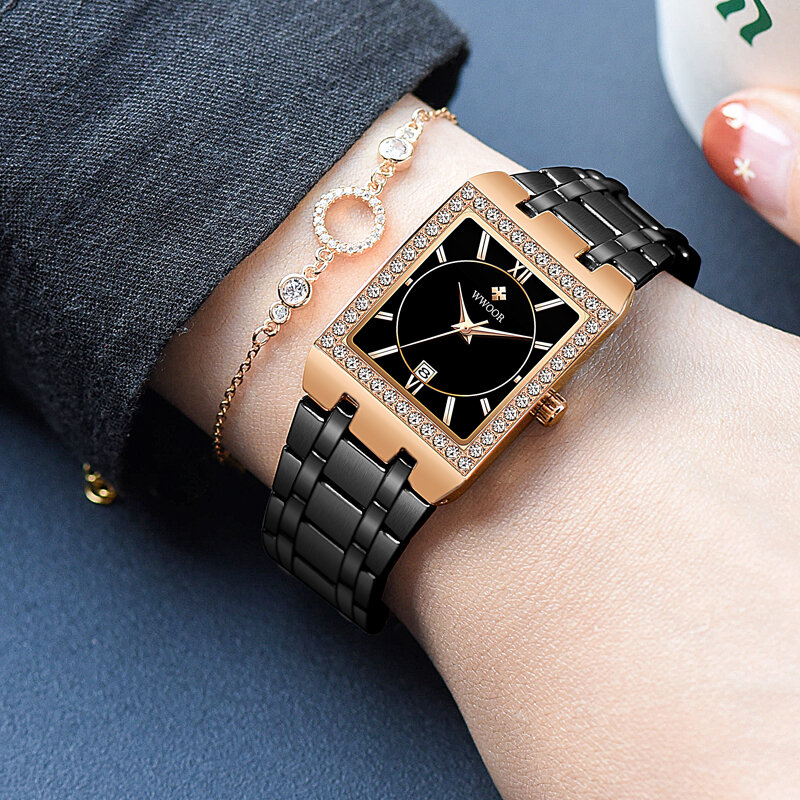 Reloj Mujer WWOOR 새로운 로즈 골드 여성 시계 톱 럭셔리 패션 스테인레스 스틸 스퀘어 숙녀 손목 시계 다이아몬드 작은 시계