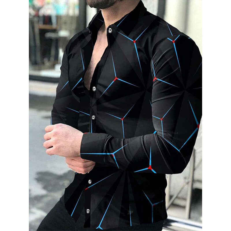 Luksusowe koszule nowych mężczyzna wiosna jesień modna, z klapami przyciski kropki 3D drukuj z długim rękawem sweter ubrania Prom koszule