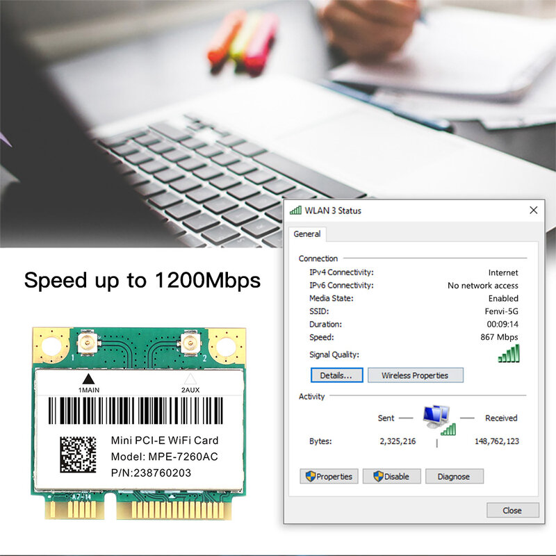 لاسلكي متعدد الموجات واي فاي بطاقة إنتل 7260 7260HMW 1200 متر لبلوتوث 4.0 نصف Mini PCI-E 802.11AC 2.4G/5Ghz واي فاي محول Win10