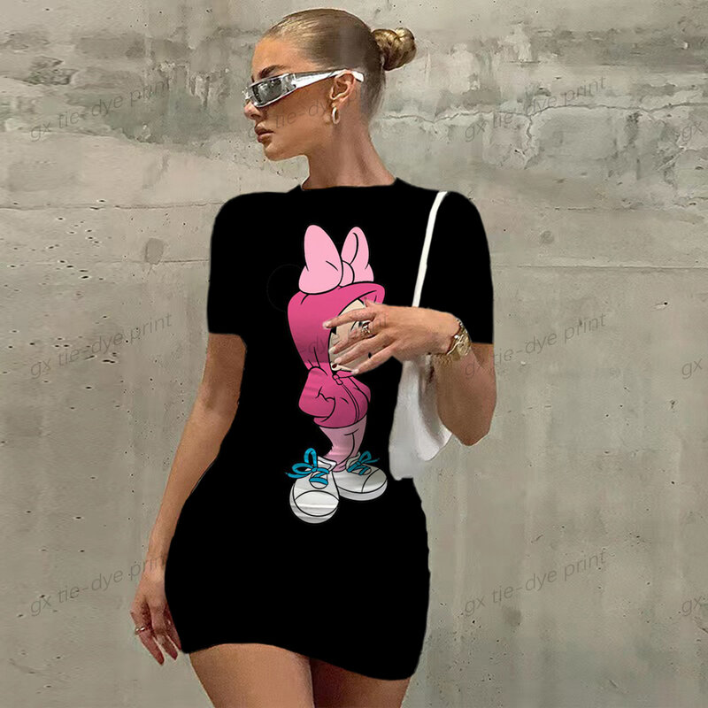 Mini vestido de manga curta feminino Disney Minnie Mickey Mouse, cintura apertada, bolsa sexy, quadril, temperamento, novo, verão, 2023