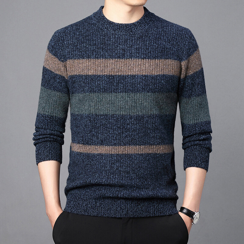 Suéteres de lana 100% pura para hombre, suéter cálido de cuello redondo grueso a rayas de estilo coreano para ocio de invierno