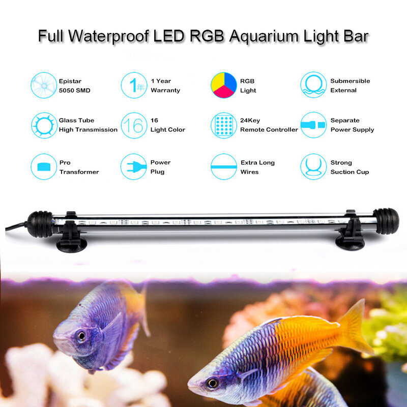 Luces LED impermeable para acuario, barra de luces, azul, blanco,19/29/39/49 cm, sumergible, lámpara de clip subacuática, decoración acuática, EU
