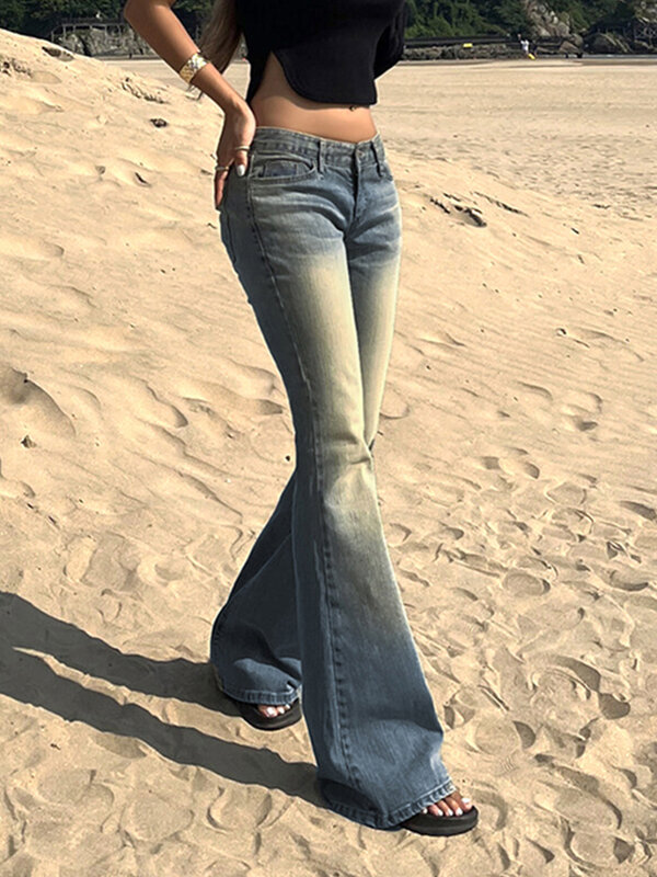 Vintage bootcut calças de brim para mulheres moda y2k streetwear sexy menina baixa ascensão magro ajuste elástico afligido lavado calças de brim queimado