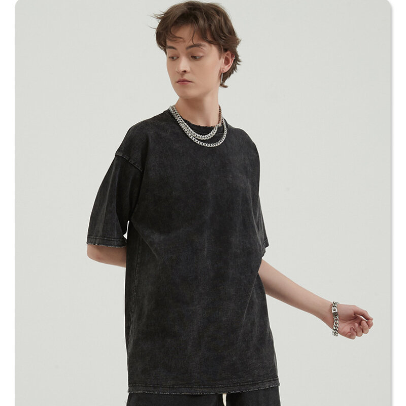 New Summer Men's T Shir wash old edging retro short-sleeved Fashion Casual Hip Hop oversize basic wash Mens Streetwear Top Tees
