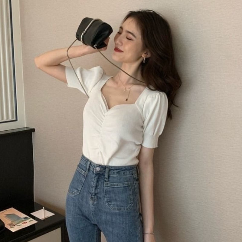 Summer Women Knitted Short T Shirt Fashion Square Collar Puff Short Sleeve Tees Casual Solid Chic Ladies Crop Sweater Women