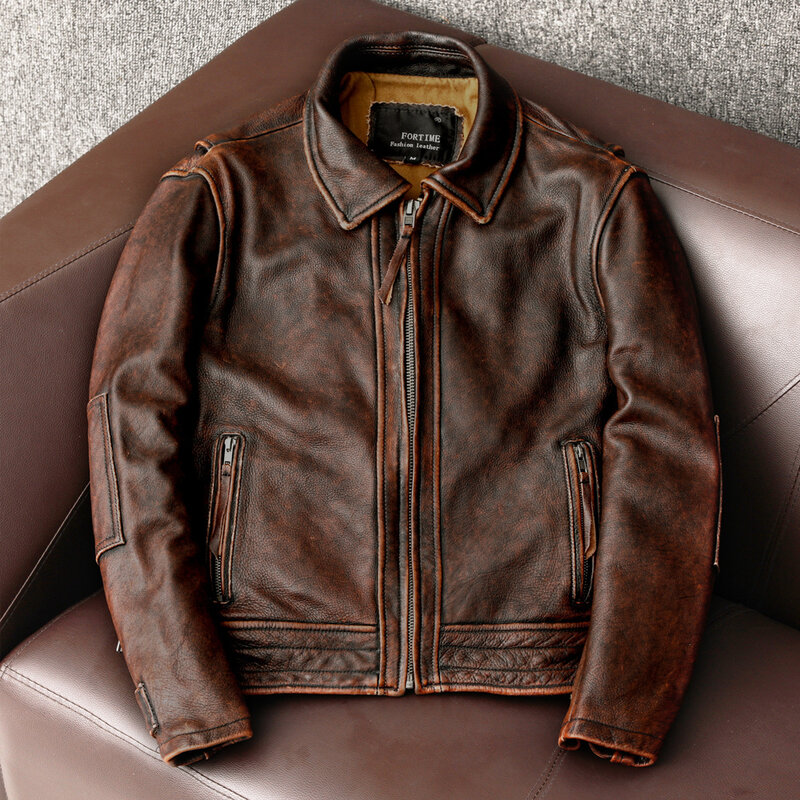 ฟรี Shipping.2022สไตล์ยอดนิยมเสื้อหนังแท้ vintage Brown Cowhide เสื้อ,ผู้ชายแฟชั่น Biker Jacket.เอเชียขนาดหนา