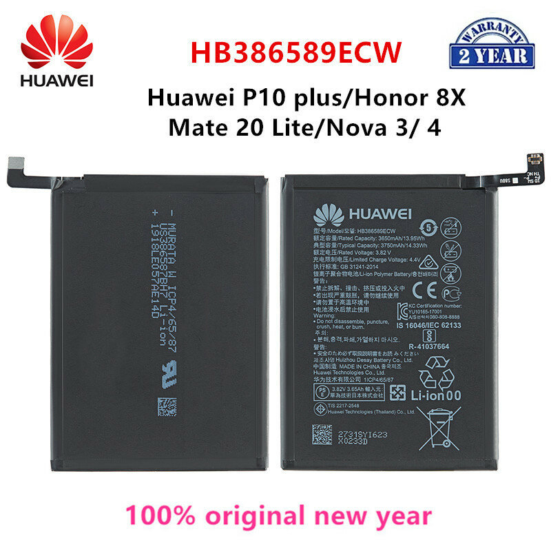 Batterie d'origine pour Huawei, Huawei V10, P10 Plus, Honor Play, Honor 20S, Honor 8X Play Mate20 Lite, outils, HB386589ECW, 100% mAh, 3750