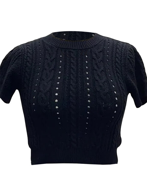 Hirigin vintage preto de malha fino suéteres feminino manga curta puff o pescoço pullovers curto tops elegante casual jumpers 2022