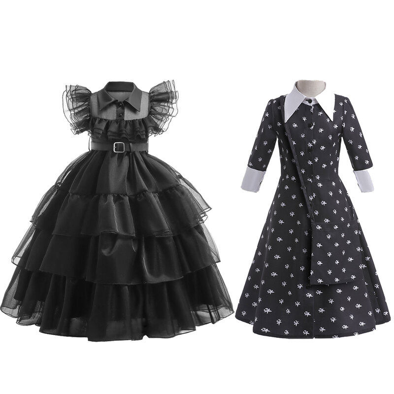Wednesday Addams Movie Kids Party Clothing Child Halloween Evening Costume Carnival Vestido Girl Cosplay Dress For 3-10T CYDS002