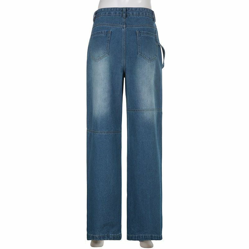 Antik 90S Celana Jeans Potongan Rendah Biru Antik Gothic Kasual Lebar Kaki Denim Estetika Saku Y2K Celana Kargo Longgar Wanita