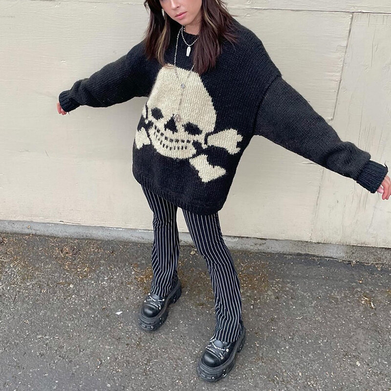 hirigin E-girl Gothic Grunge Pullovers Y2K Dark Academia Skulls Knitted Sweater Autumn Long Sleeve Loose Jumpers Streetwear 2022