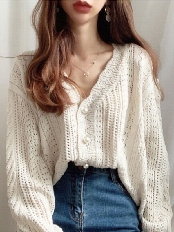 2022 Women Spring Summer Sweater and Cardigans Low V-Neck Knit Tops Long Sleeve Hollow Out Sexy Cardigan Loose White Tops