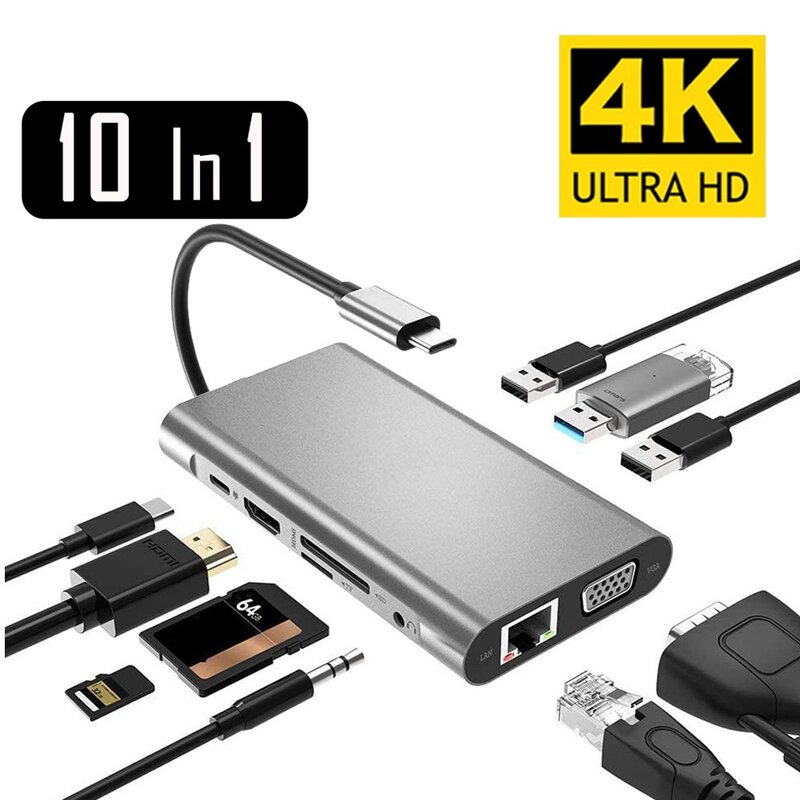 Hub USB Type C Loại-C To HDMI 4K VGA Adapter RJ45 Lan Ethernet SD TF USB-C 3.0 typec 3.5Mm Jack Âm Thanh Video Cho MacBook Pro OTG