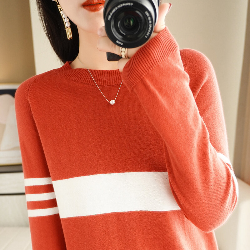 100% cotton spring and autumn new round neck sweater women loose large size stitching sweater fashion all-match knitted pullover