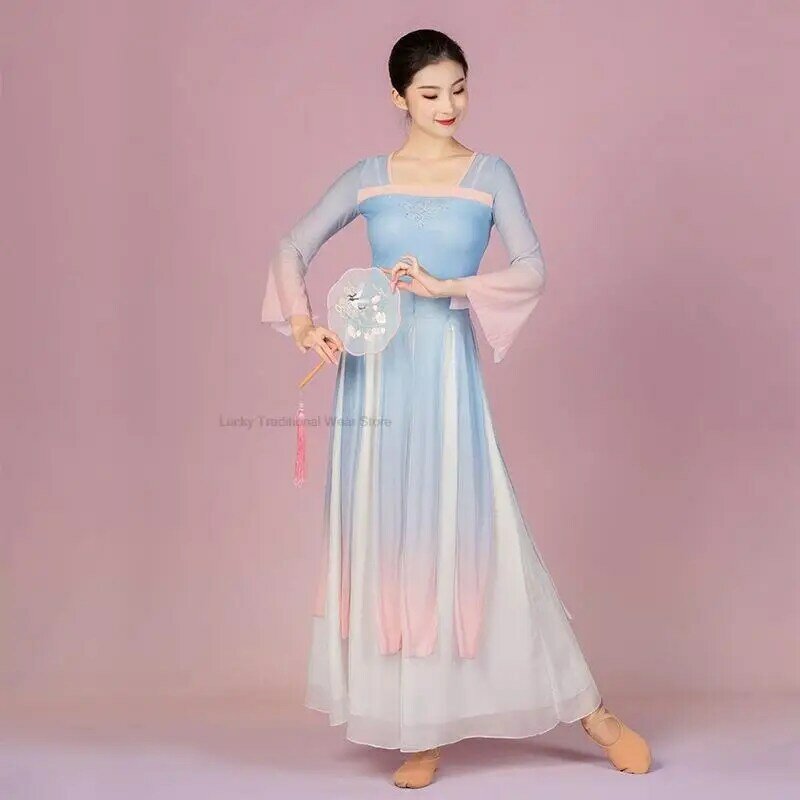 Traditionelle chinesische Art Vintage Tanz kleid Eröffnung Tanz kleid Hosen Set Leistung altes Kleid Chiffon Volkstanz Anzug p1