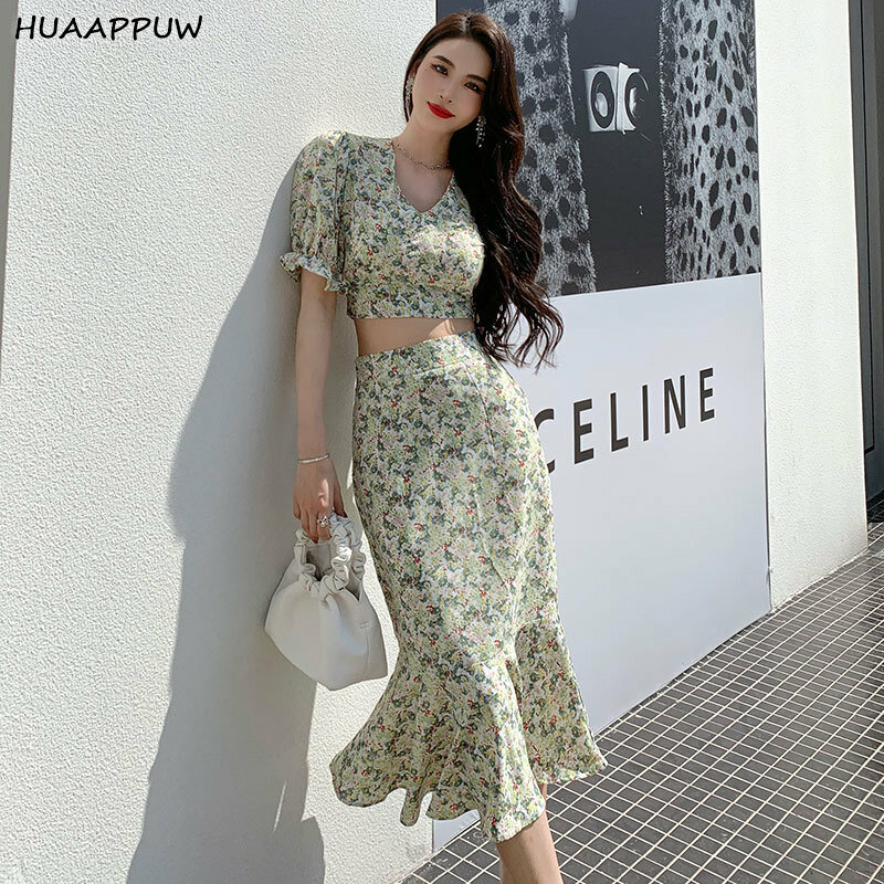Fashion Printed V-neck Top and Long Skirt Two-piece Set 2022 Summer New Temperament Waistless Mid-length Package Hip Skirt Suit