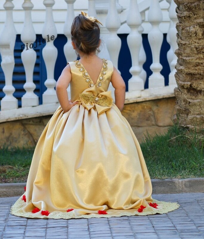 فستان الأميرة للمناسبة الخاصة ، من الساتان الذهبي ، للمناسبة الخاصة ، عيد ميلاد ، أول مناولة ، حفلة