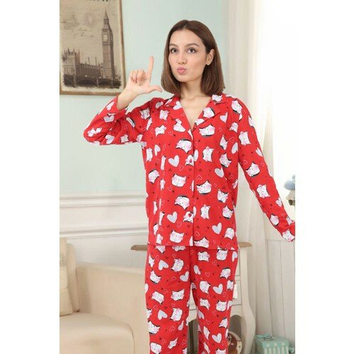 Conjunto de pijamas de algodão vermelho feminino cavalete
