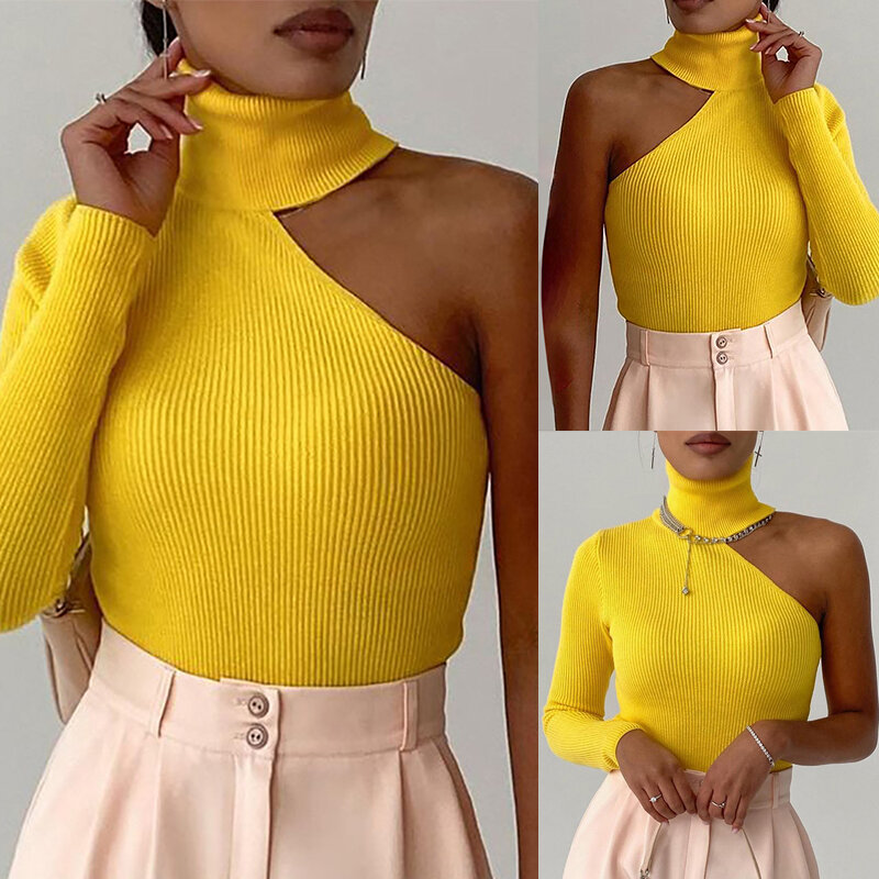 2021 Autumn Woman Fashion Casual High Neck One Shoulder Skinny Knit Top Warm Sweater Daily Wear Yellow Long Sleeve Tops Casual