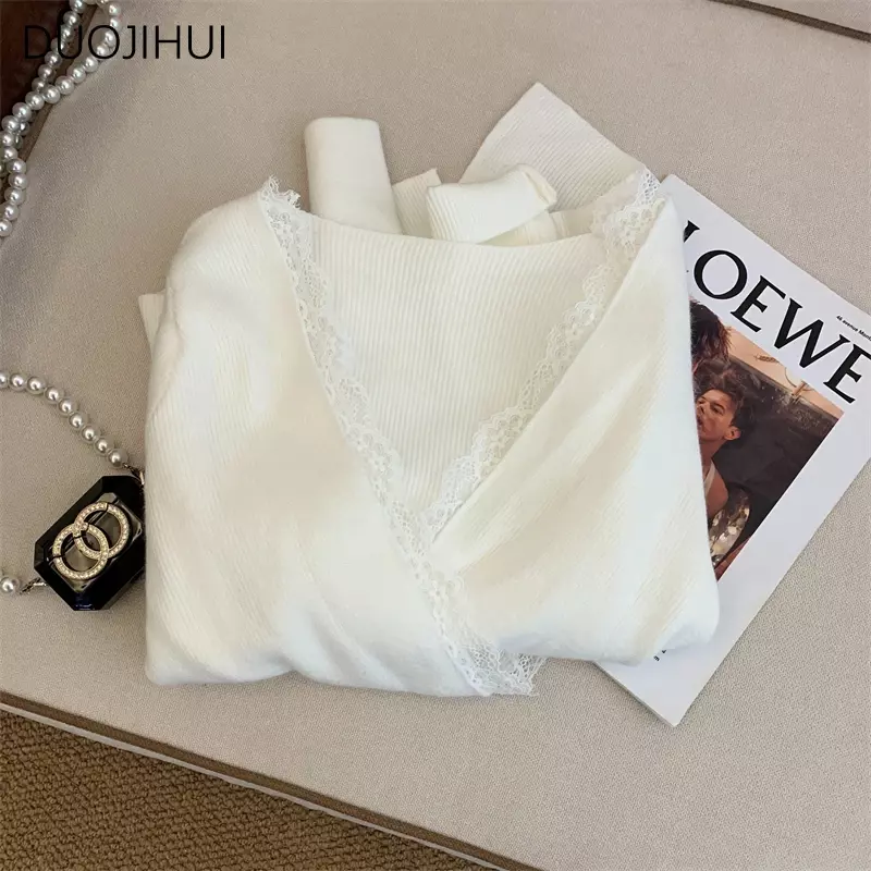DUOJIHUI Korean Chic Lace Slim Knitting Women Pullovers Autumn New Sexy V-neck Simple Casual Fashion Pure Color Female Pullovers