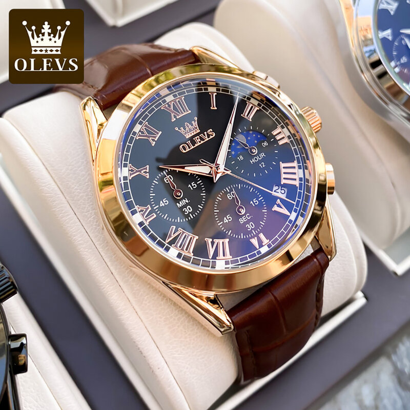OLEVS-Reloj de pulsera multifuncional de tres ojos para hombre, accesorio de pulsera de cuarzo resistente al agua con correa de Corium, complemento masculino luminoso y a la moda